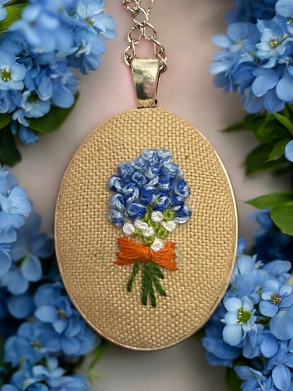 Blue Bell Bouquet Flower Embroidery Necklace